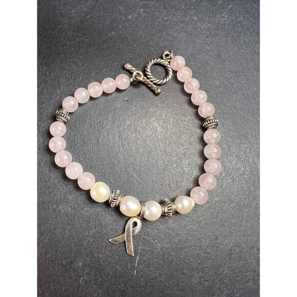 Vintage rose quartz pearls sterling silver breast cancer awareness bracelet - Picture 1 of 11